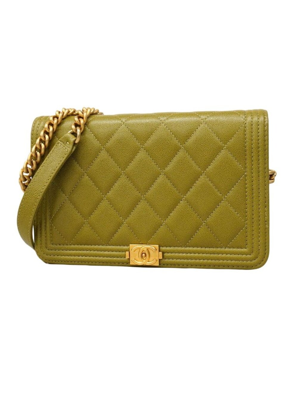 Chanel Shoulder Wallet Boy Caviar Leather Khaki Gold